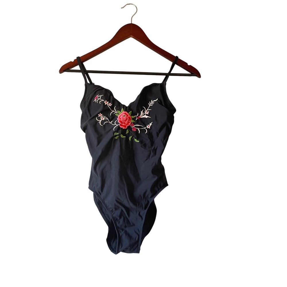 Vintage Black Floral Rose Embroidered One‎ Piece Swimsuit cottagecore